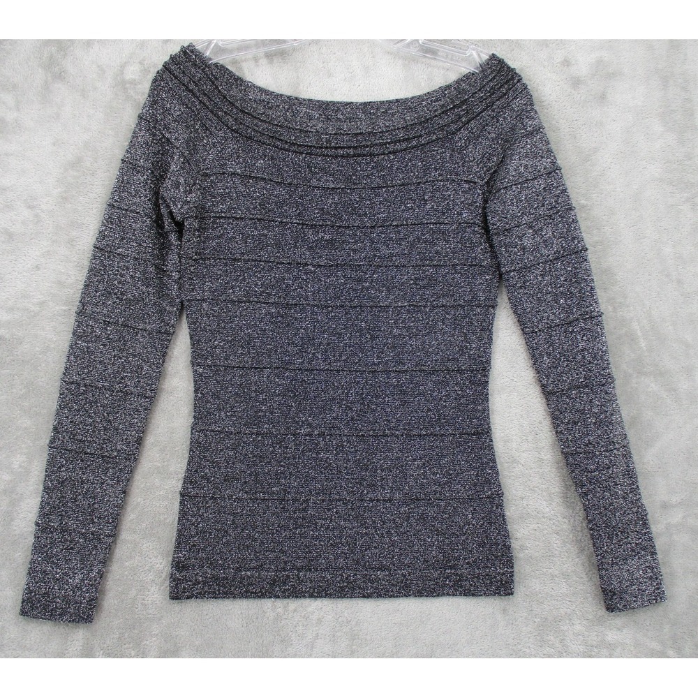 Vintage Cache Sweater Small Silver Metallic‎ Off Shoulder Tiered Shimmer Bodycon
